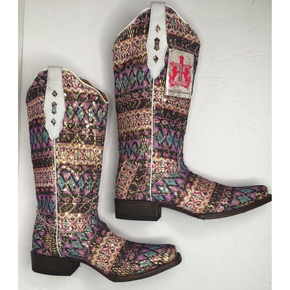 NEW Tanner Mark Cowboy Western Boot TML37001 Purple Serape Aztec Glitter Sz 7.5 - Picture 7 of 16
